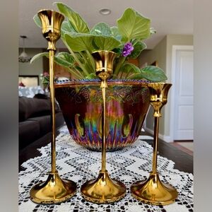 3 Vintage Brass Candle Holders 9.5”, 7.5” & 6” tall